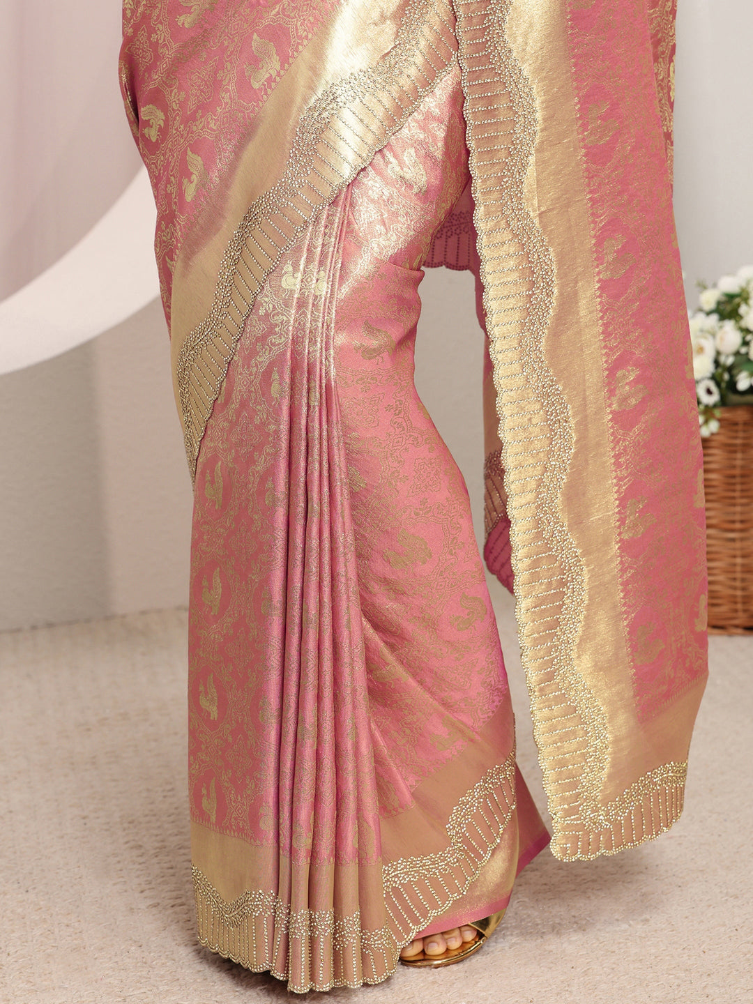  Libas Peach Ethnic Woven Design Silk Blend Saree With Unstitched Blouse Piece 