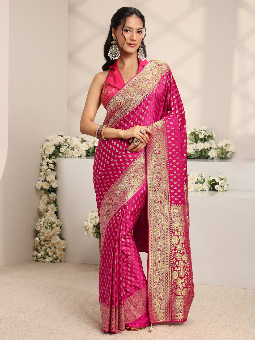  Pink Ethnic Woven Design Silk Blend Saree With Unstitched Blouse Piece 