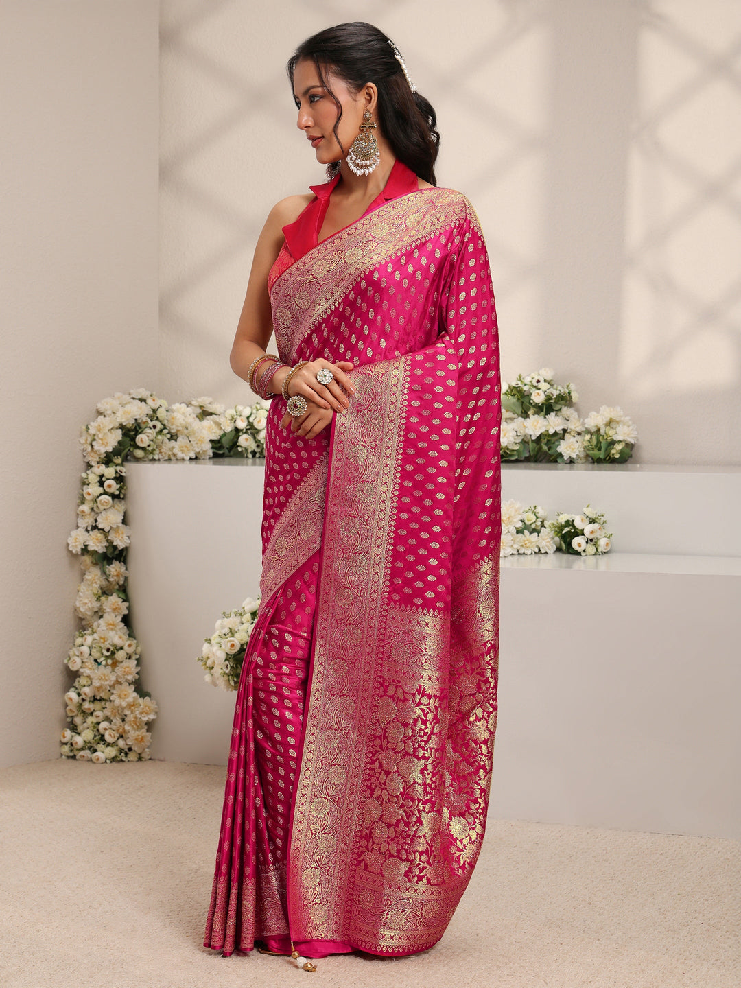  Pink Ethnic Woven Design Silk Blend Saree With Unstitched Blouse Piece 
