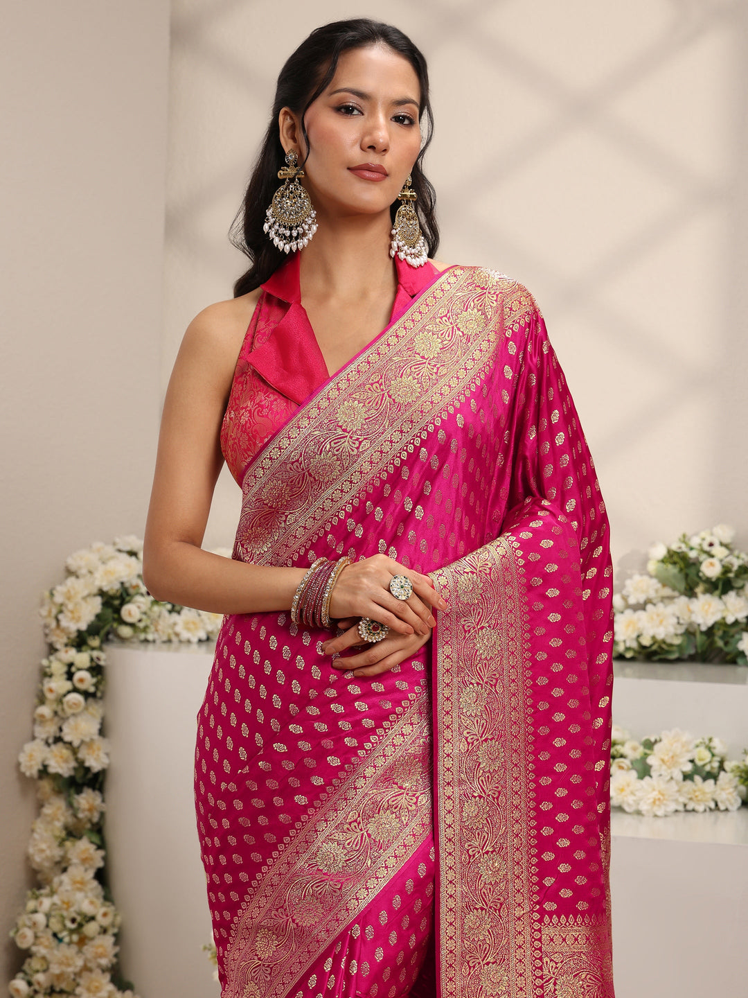  Pink Ethnic Woven Design Silk Blend Saree With Unstitched Blouse Piece 