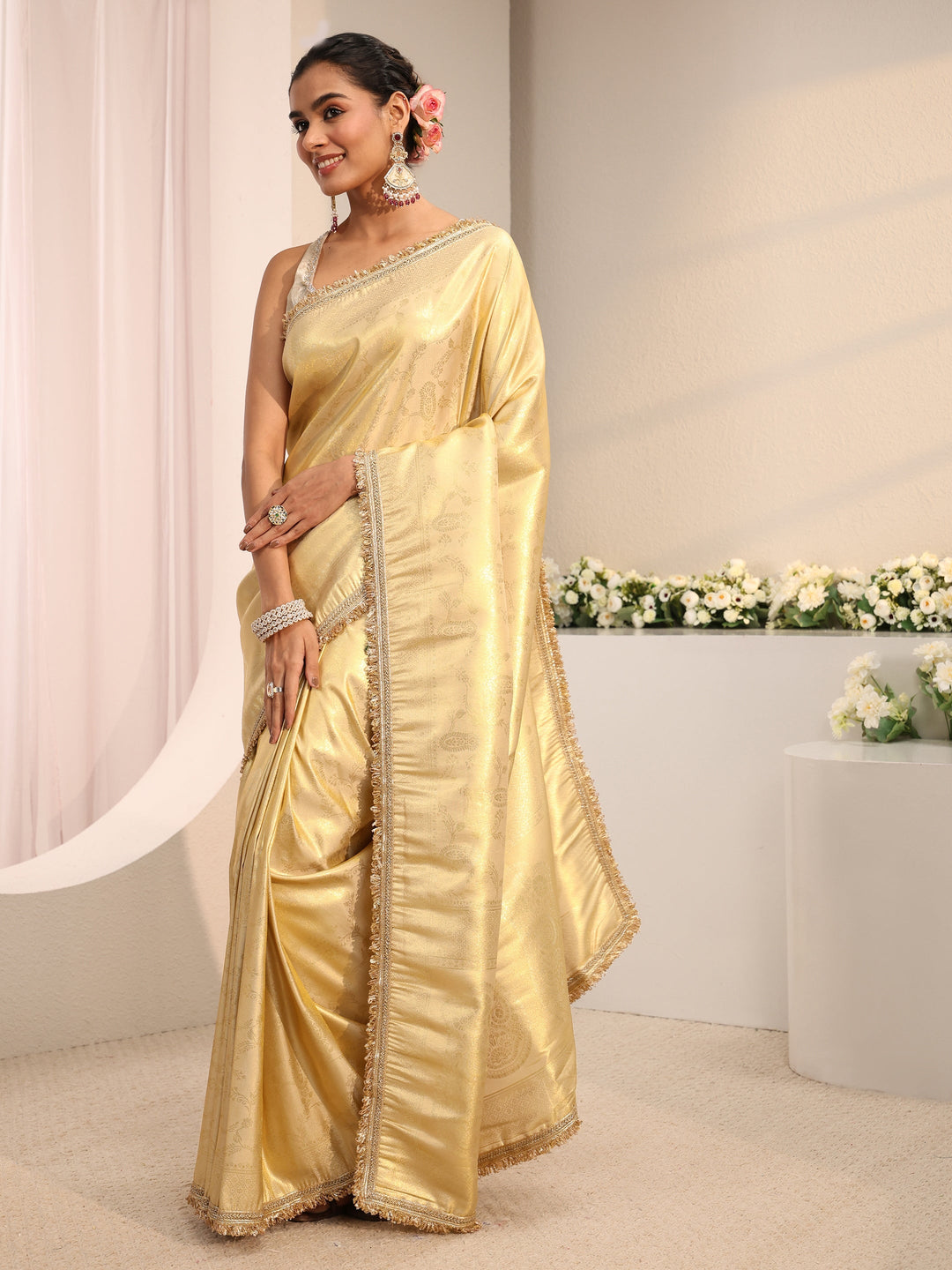  Gold Ethnic Woven Design Silk Blend Saree With Unstitched Blouse Piece 