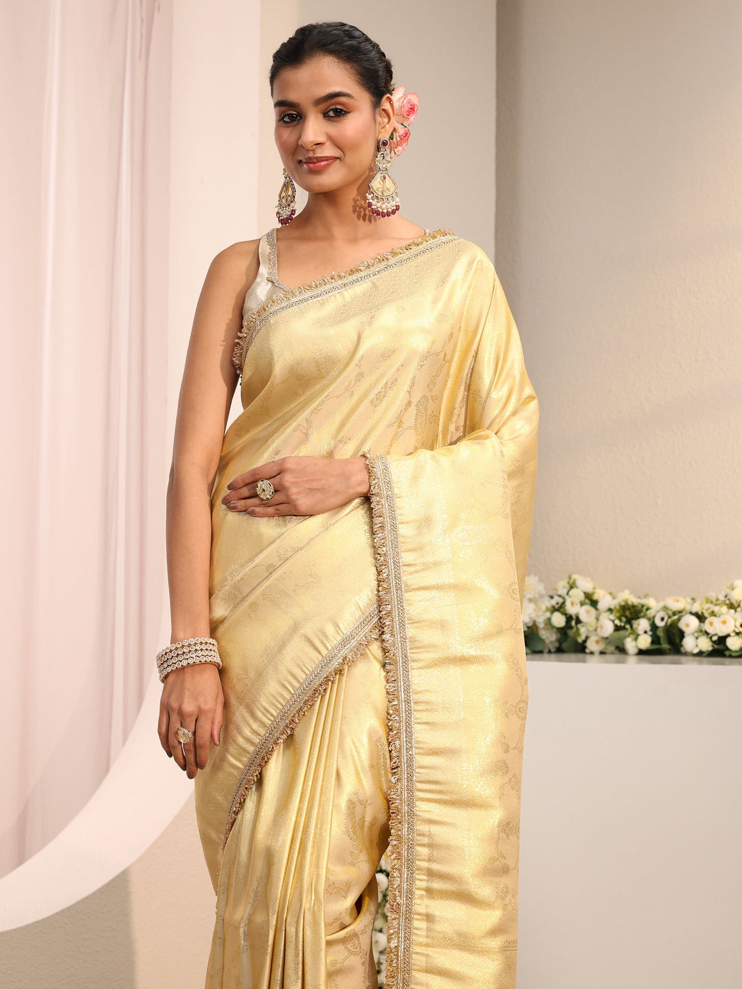  Gold Ethnic Woven Design Silk Blend Saree With Unstitched Blouse Piece 