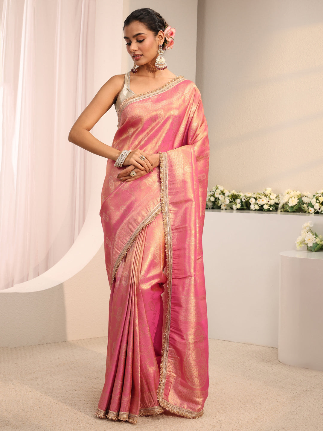  Pink Ethnic Woven Design Silk Blend Saree With Unstitched Blouse Piece 