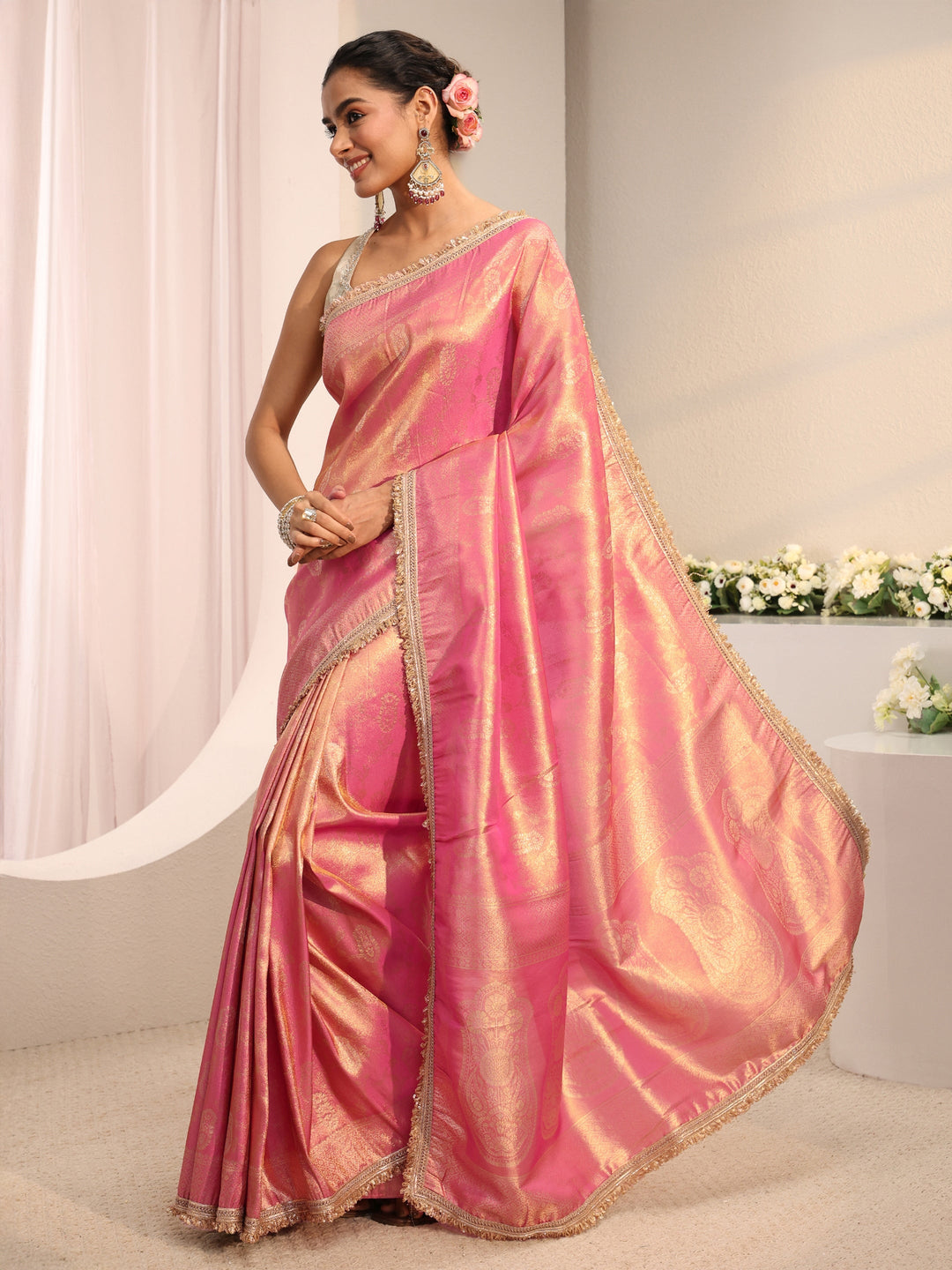  Pink Ethnic Woven Design Silk Blend Saree With Unstitched Blouse Piece 