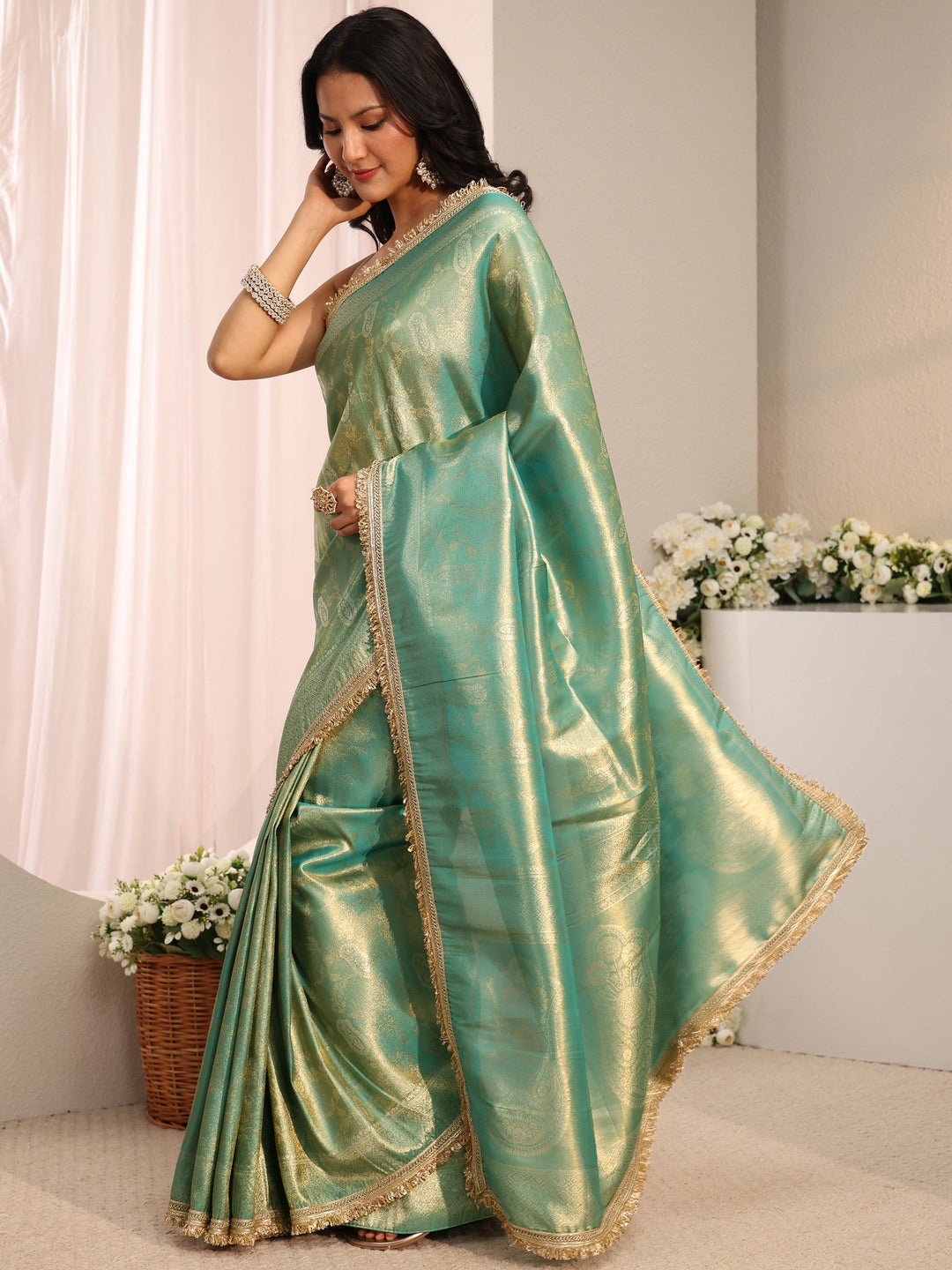  Green Ethnic Woven Design Silk Blend Saree With Unstitched Blouse Piece 