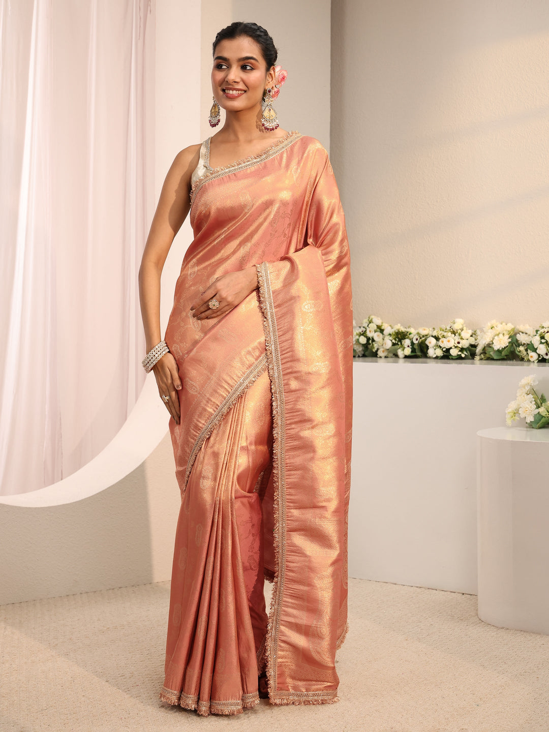  Peach Ethnic Woven Design Silk Blend Saree With Unstitched Blouse Piece 
