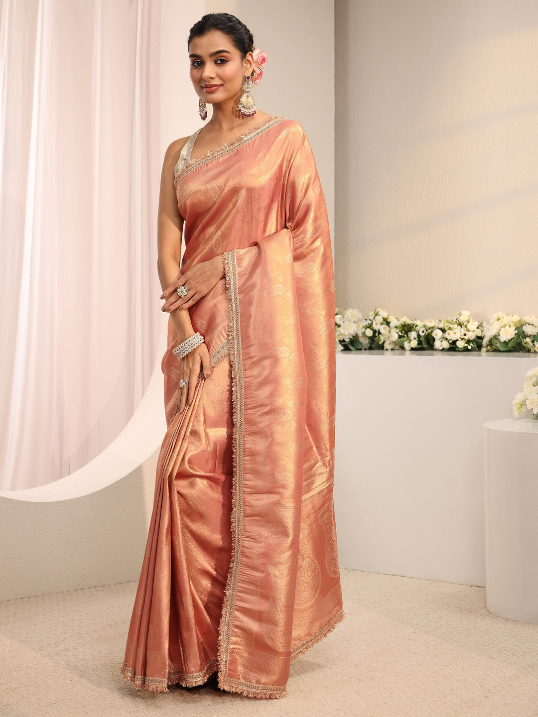  Peach Ethnic Woven Design Silk Blend Saree With Unstitched Blouse Piece 