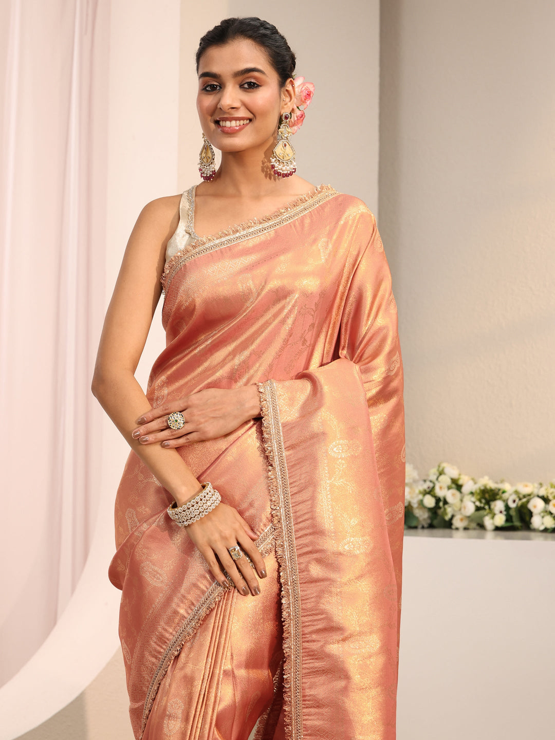  Peach Ethnic Woven Design Silk Blend Saree With Unstitched Blouse Piece 
