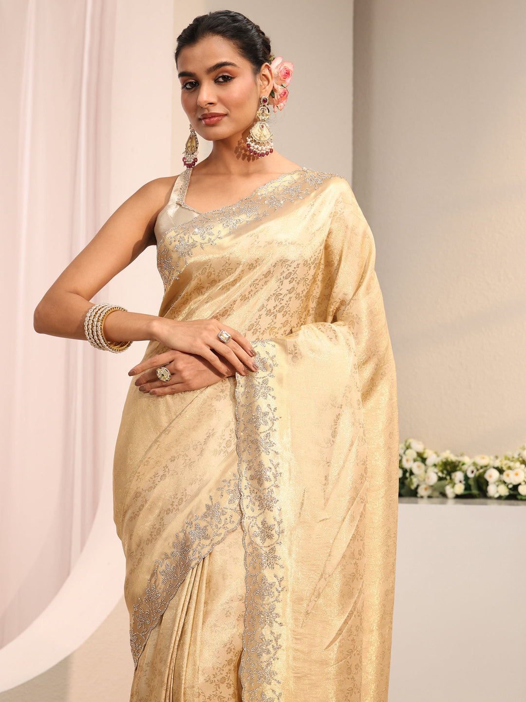  Libas Art Gold Floral Woven Design Silk Blend Saree With Unstitched Blouse Piece 