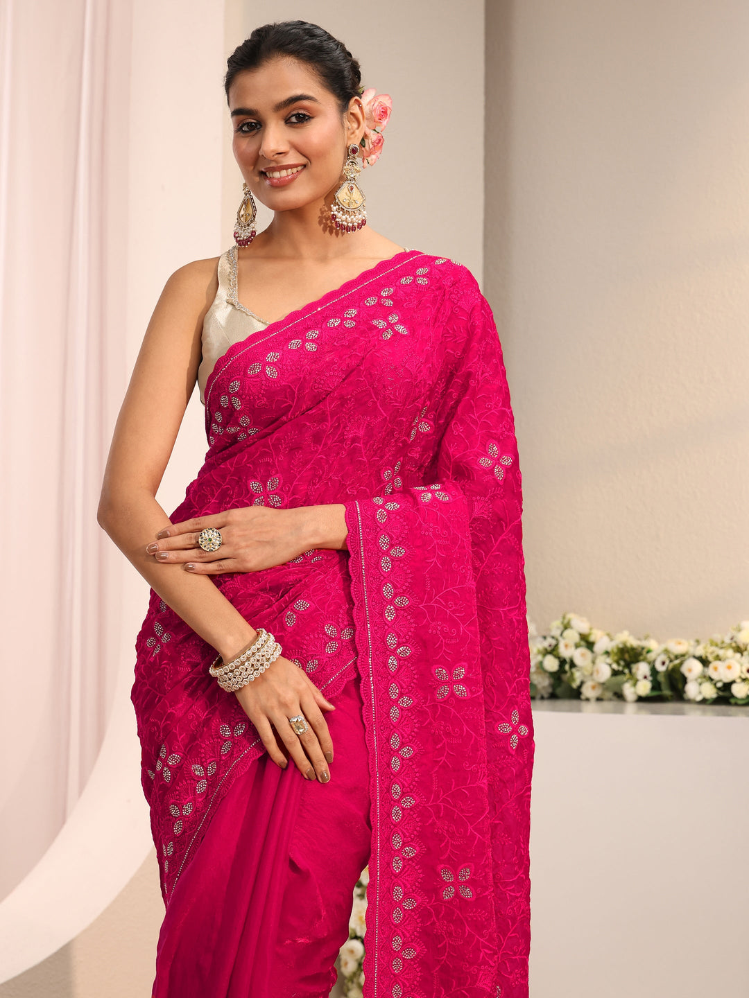  Pink Floral Embellished Tissue Saree With Unstitched Blouse Piece 