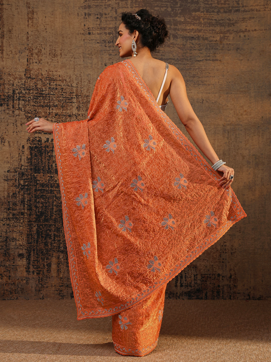  Orange Floral Embellished Tissue Saree With Unstitched Blouse Piece 