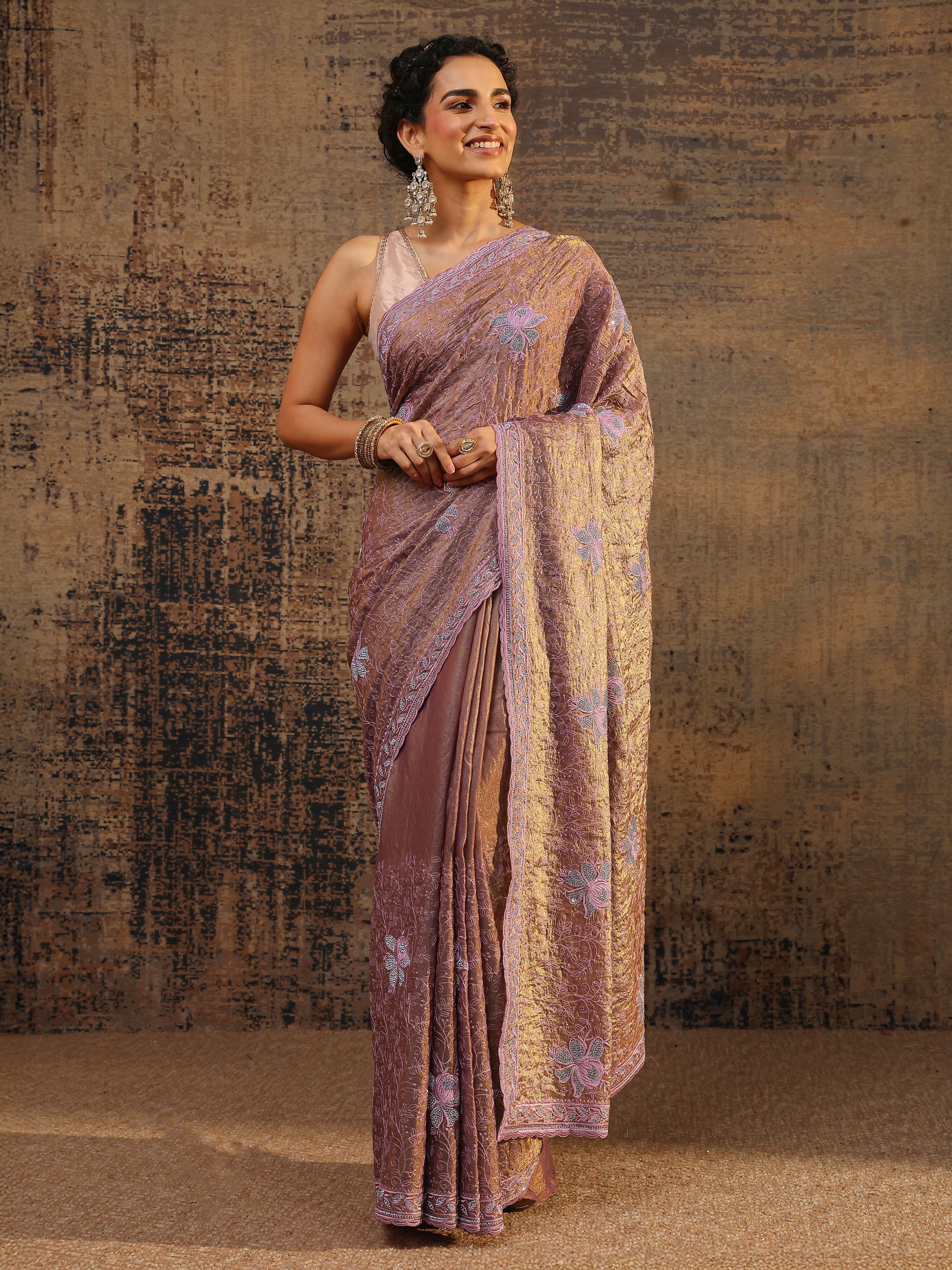 Purple Floral Embellished Tissue Saree With Unstitched Blouse Piece-image-31