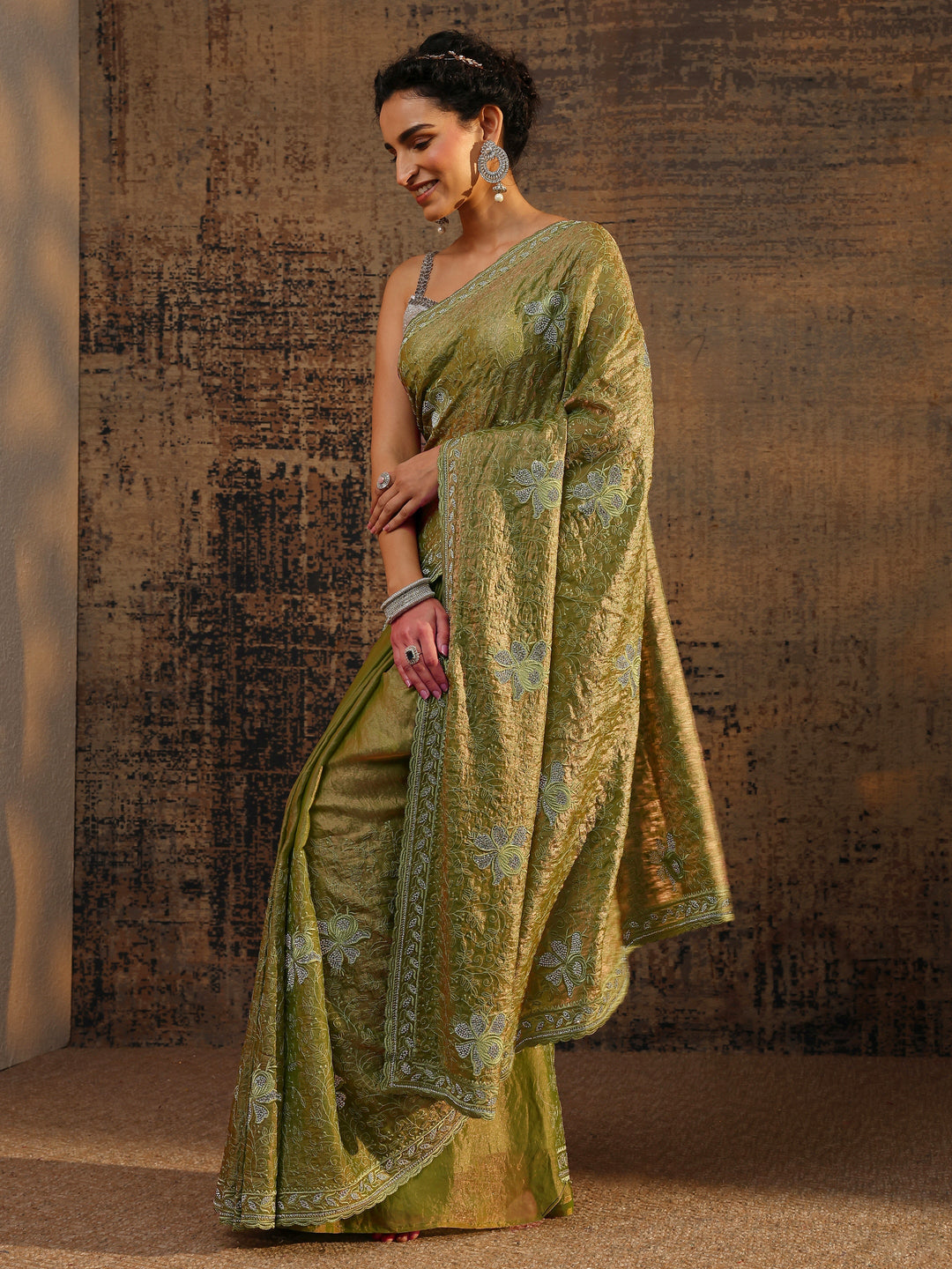 Green Floral Embellished Tissue Saree With Unstitched Blouse Piece 