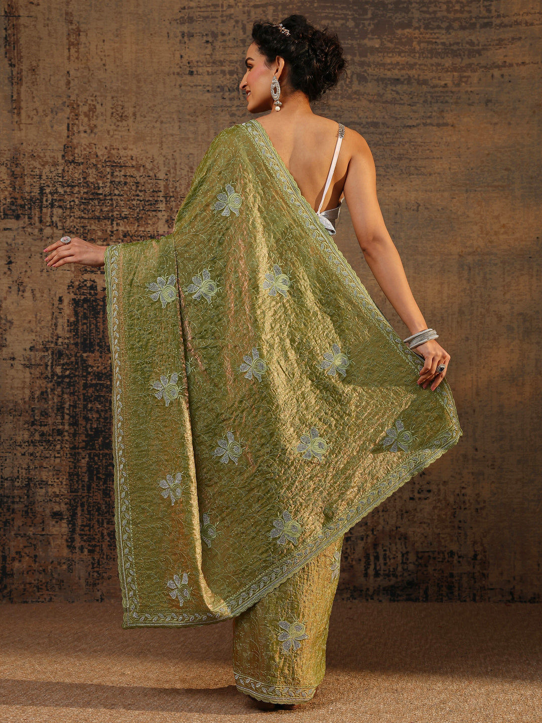  Green Floral Embellished Tissue Saree With Unstitched Blouse Piece 