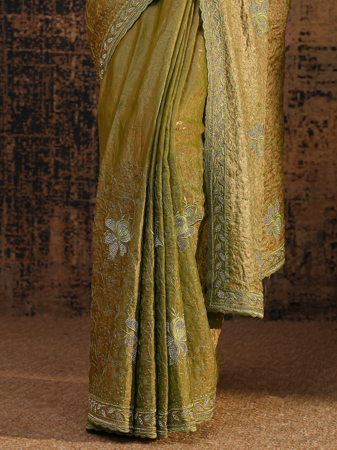  Green Floral Embellished Tissue Saree With Unstitched Blouse Piece 