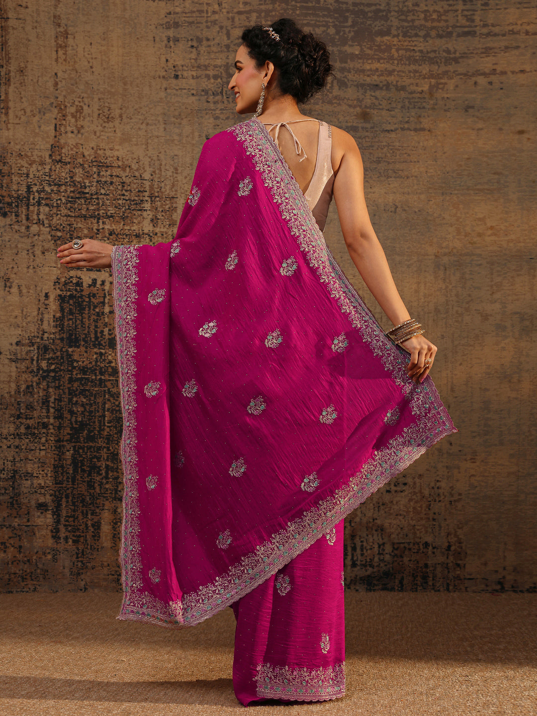  Pink Floral Embellished Silk Blend Saree With Unstitched Blouse Piece 