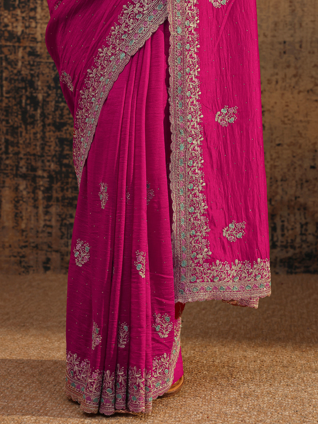  Pink Floral Embellished Silk Blend Saree With Unstitched Blouse Piece 