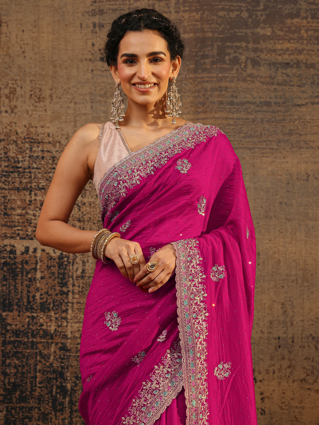  Pink Floral Embellished Silk Blend Saree With Unstitched Blouse Piece 