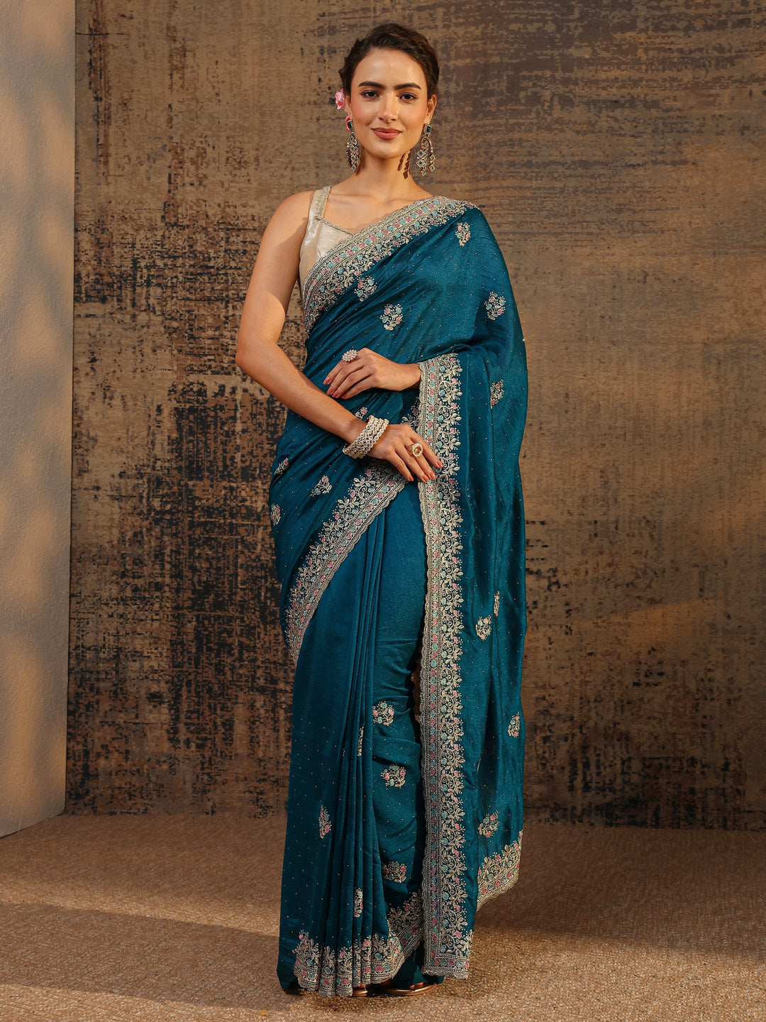  Blue Floral Embellished Silk Blend Saree With Unstitched Blouse Piece 