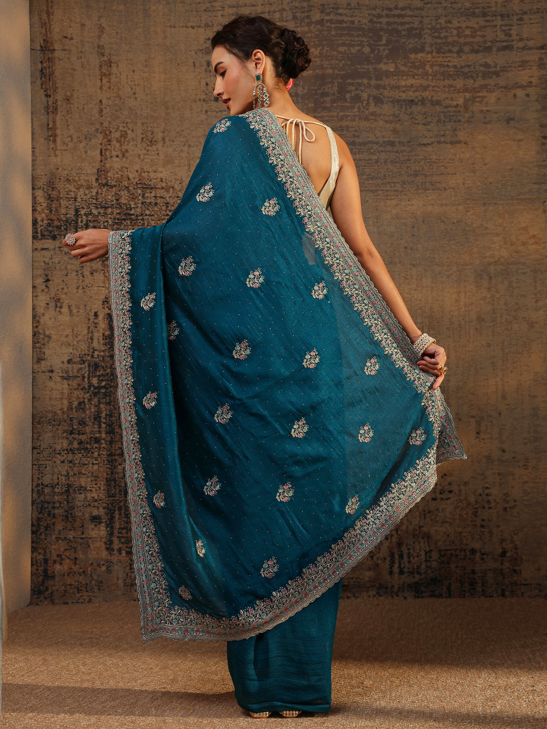  Blue Floral Embellished Silk Blend Saree With Unstitched Blouse Piece 