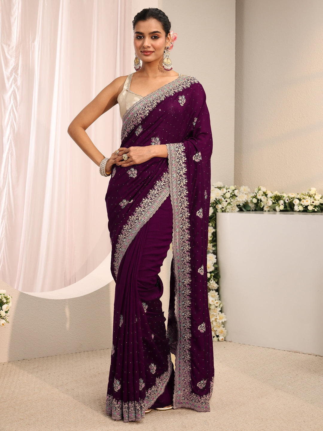  Burgundy Floral Embellished Silk Blend Saree With Unstitched Blouse Piece 
