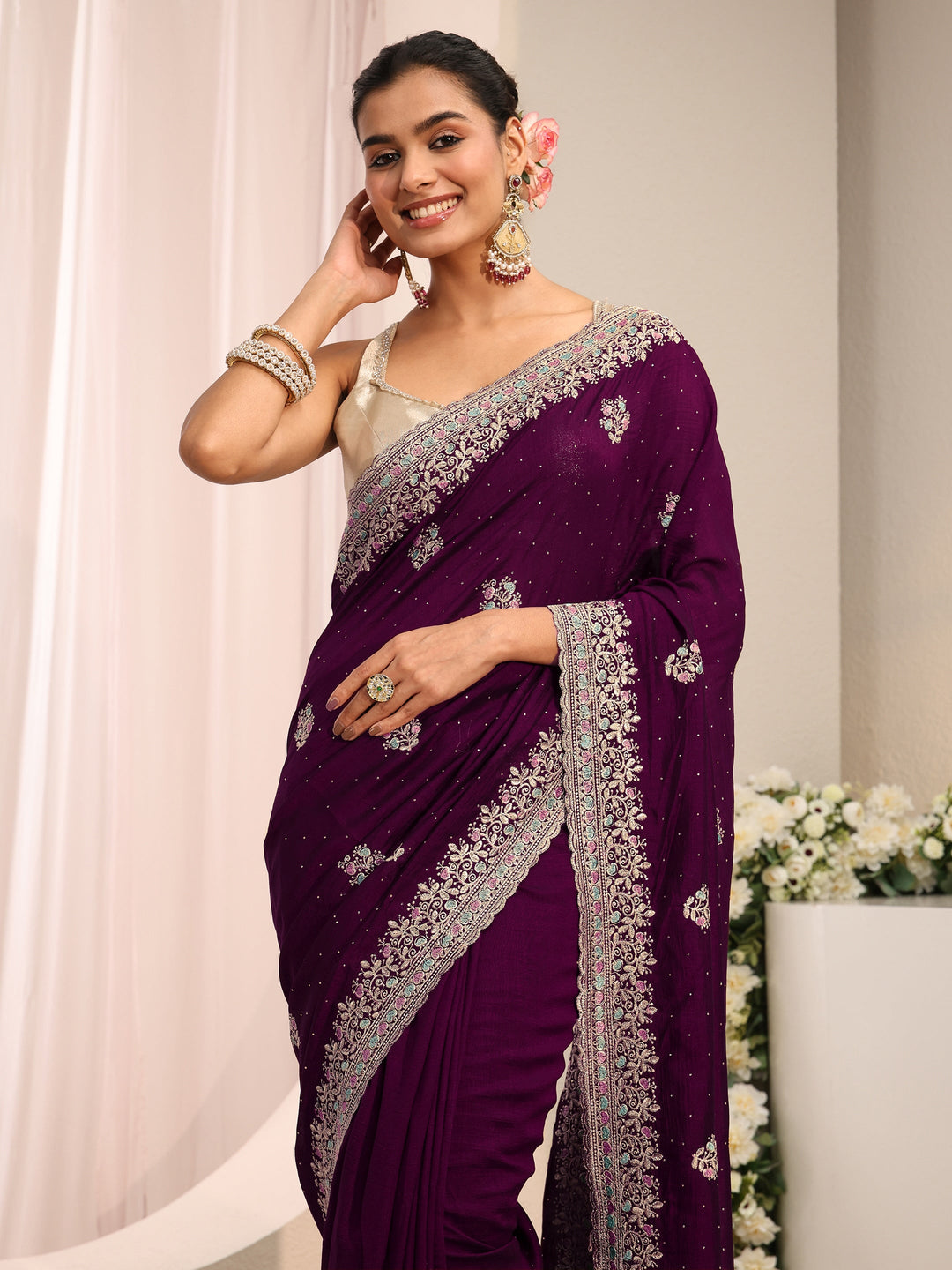  Burgundy Floral Embellished Silk Blend Saree With Unstitched Blouse Piece 