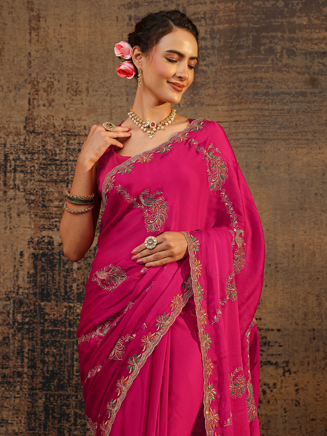  Pink Floral Embellished Satin Saree With Unstitched Blouse Piece 
