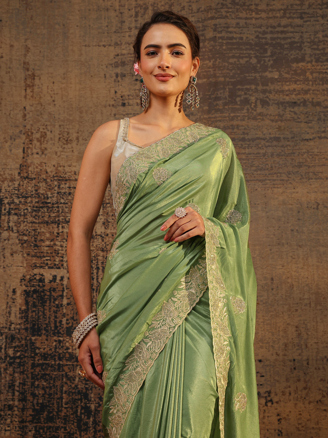  Green Floral Embellished Satin Saree With Unstitched Blouse Piece 