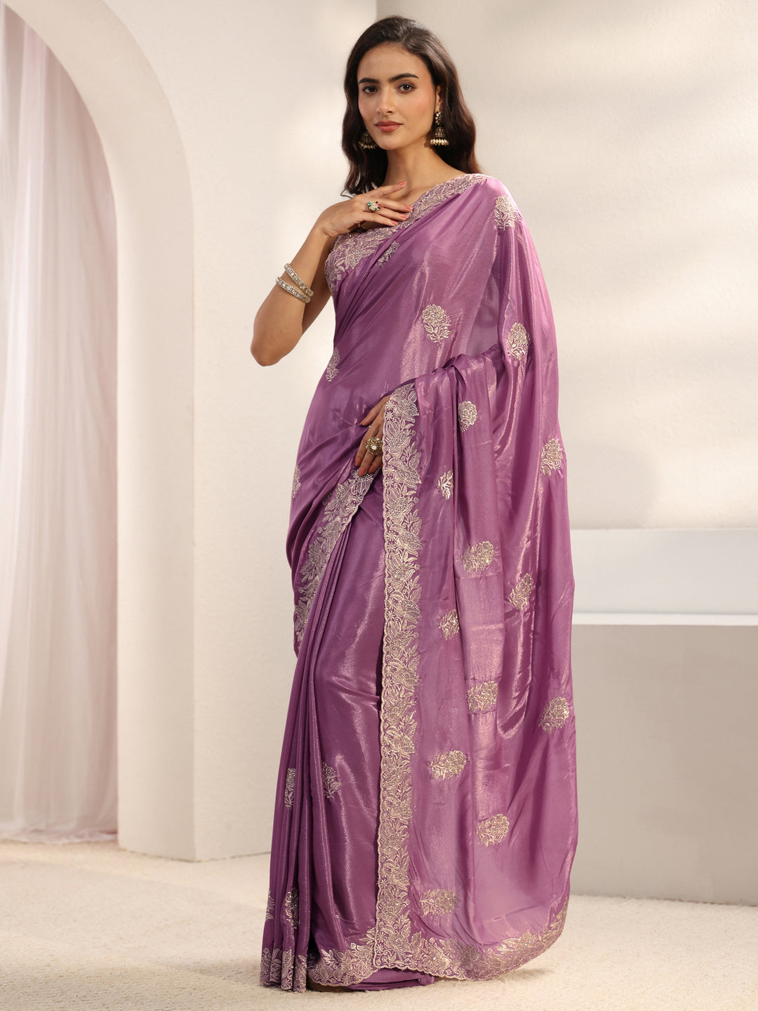  Lavender Floral Embellished Satin Saree With Unstitched Blouse Piece 
