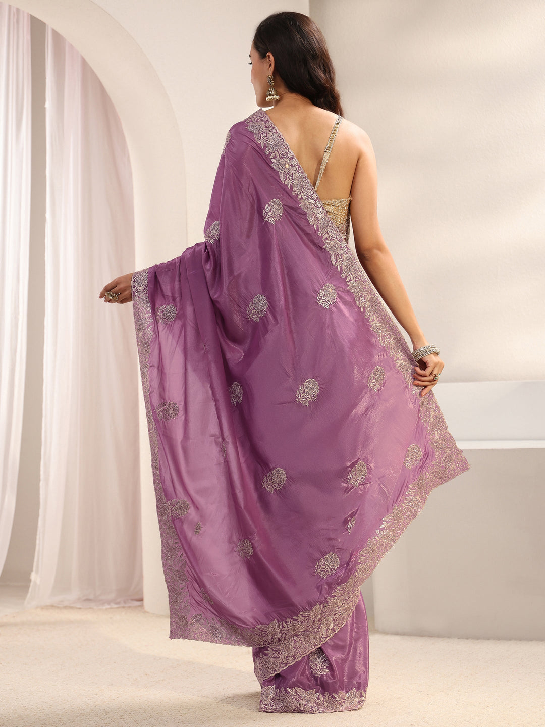  Lavender Floral Embellished Satin Saree With Unstitched Blouse Piece 