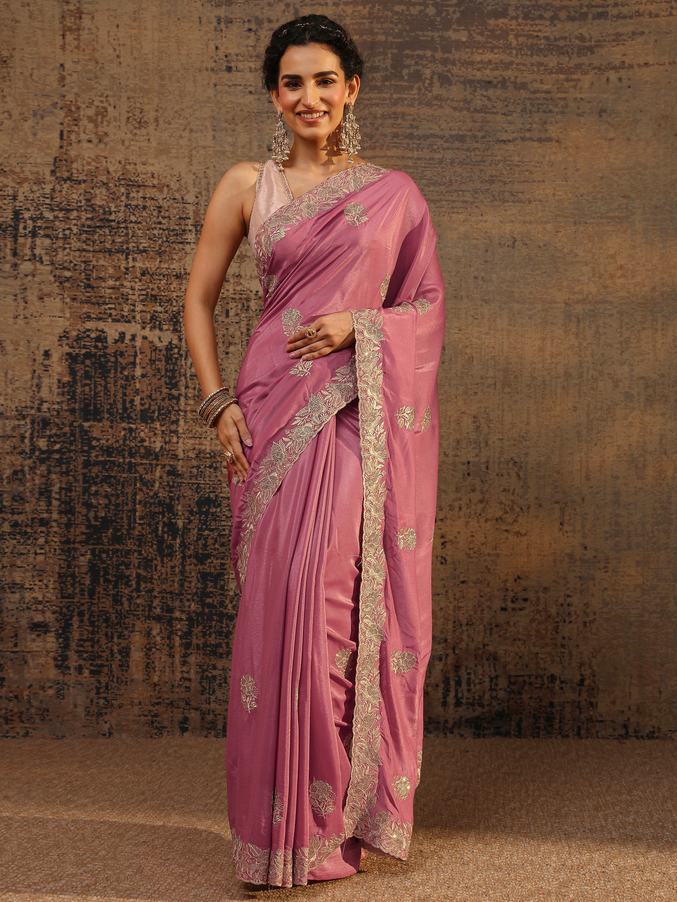 libas Mauve Floral Embellished Satin Saree With Unstitched Blouse Piece-picture-65