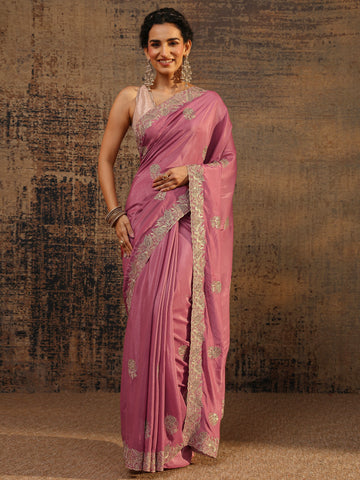 Mauve Floral Embellished Satin Saree With Unstitched Blouse Piece