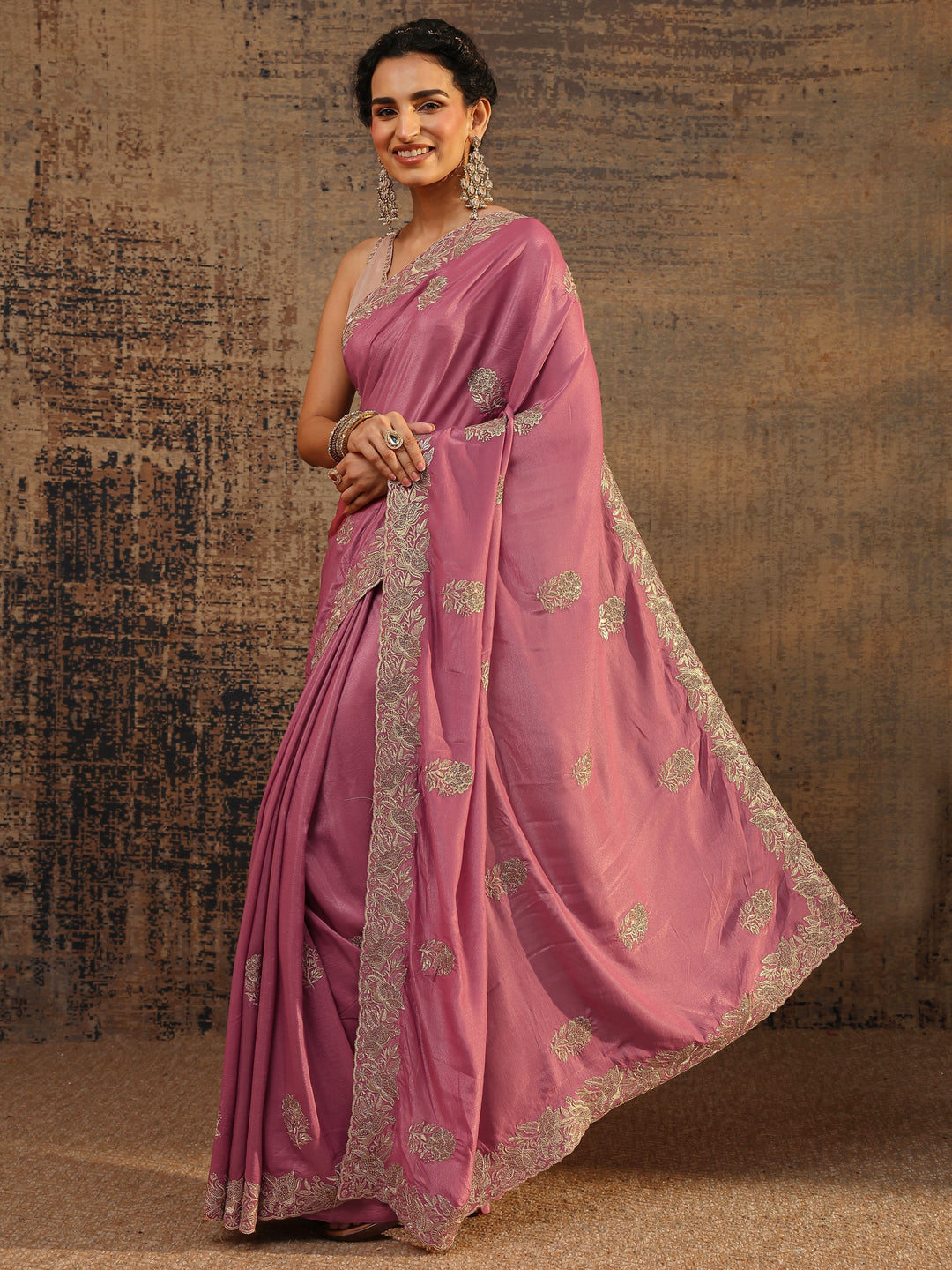  Mauve Floral Embellished Satin Saree With Unstitched Blouse Piece 