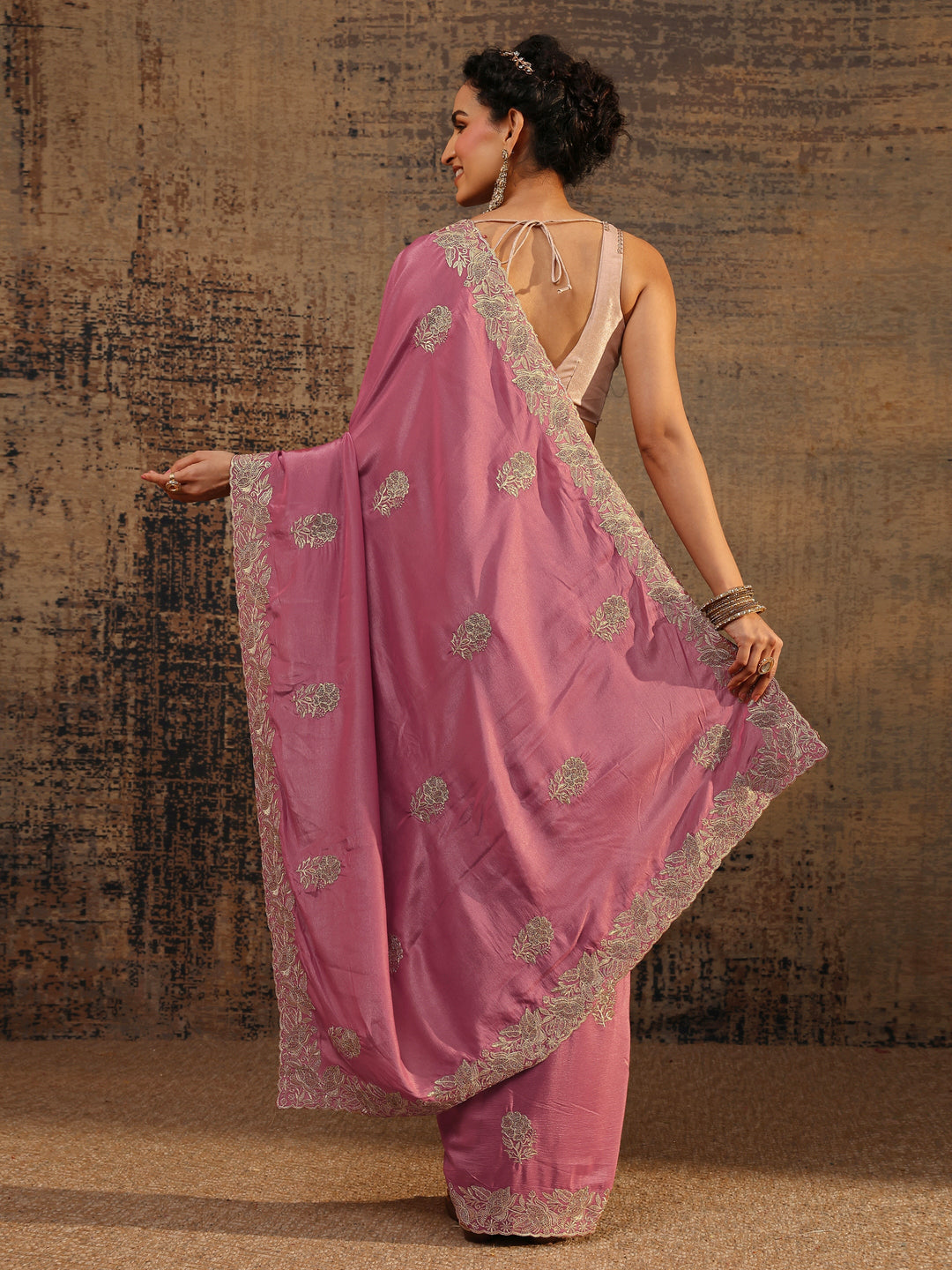  Mauve Floral Embellished Satin Saree With Unstitched Blouse Piece 