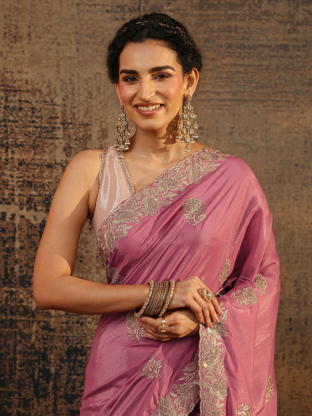  Mauve Floral Embellished Satin Saree With Unstitched Blouse Piece 