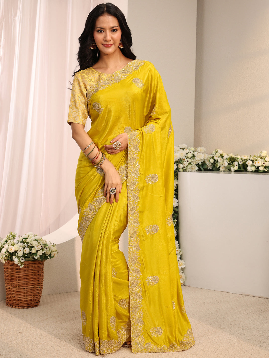  Mustard Floral Embroidered Satin Saree With Unstitched Blouse Piece 