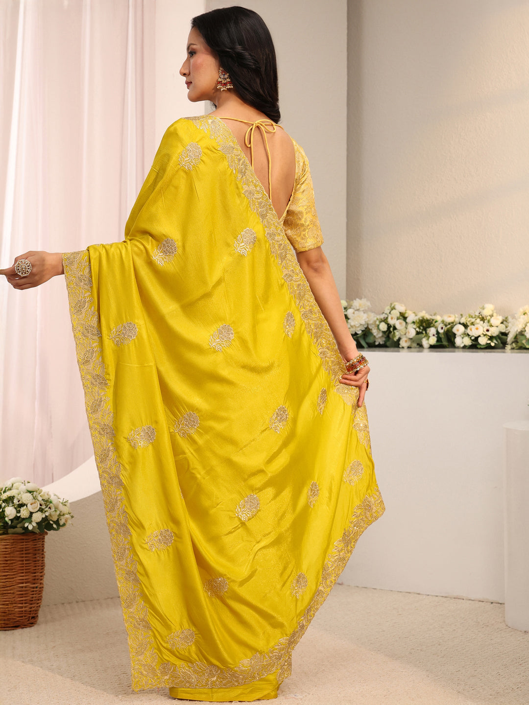  Mustard Floral Embroidered Satin Saree With Unstitched Blouse Piece 