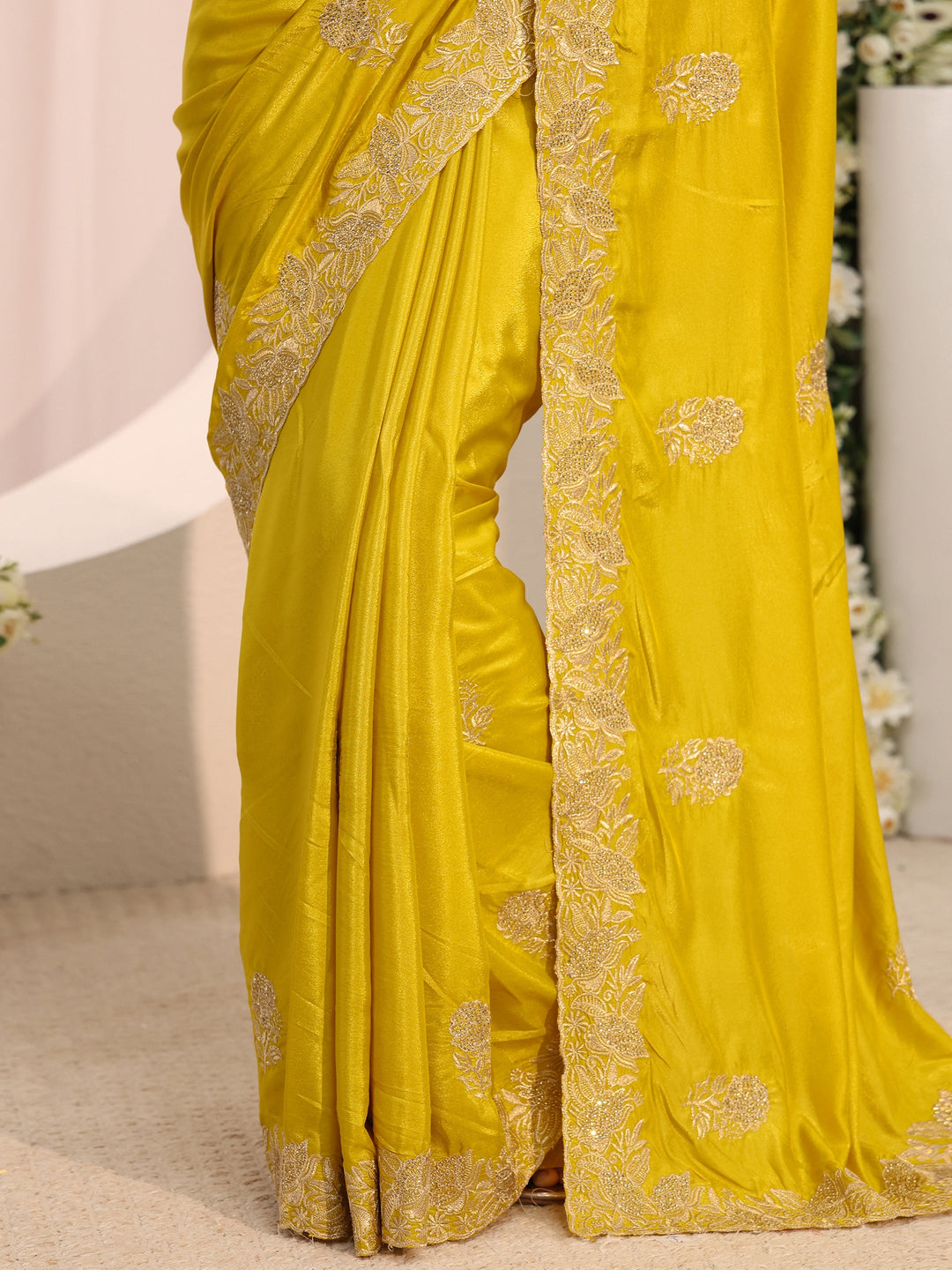  Mustard Floral Embroidered Satin Saree With Unstitched Blouse Piece 
