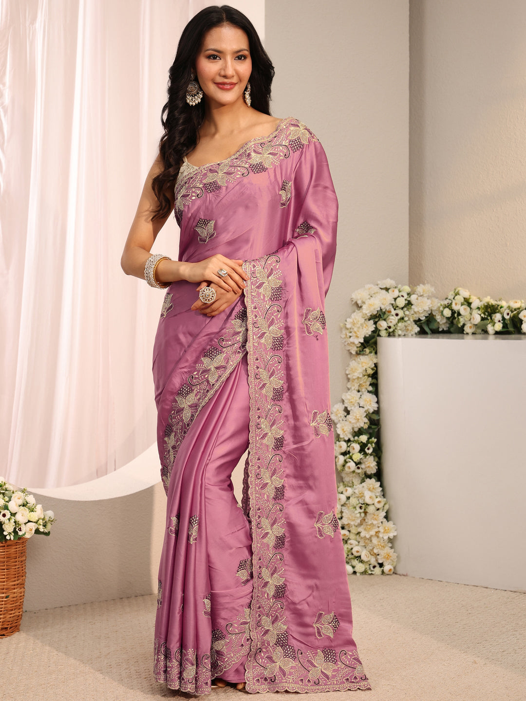  Mauve Floral Embroidered Satin Saree With Unstitched Blouse Piece 