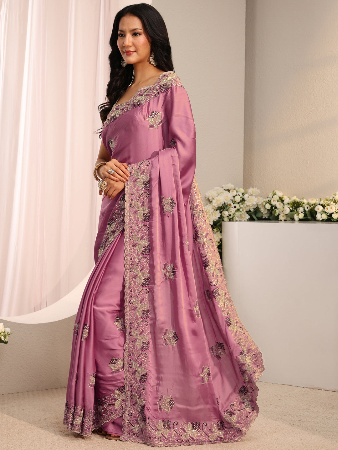  Mauve Floral Embroidered Satin Saree With Unstitched Blouse Piece 