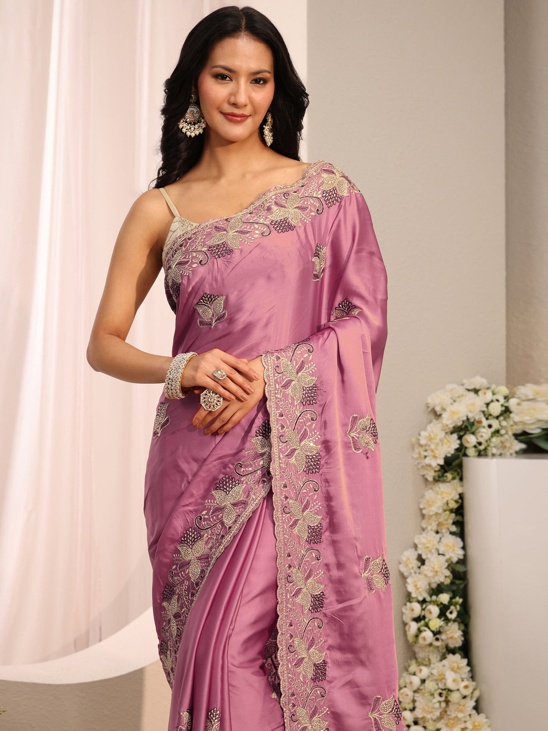  Mauve Floral Embroidered Satin Saree With Unstitched Blouse Piece 
