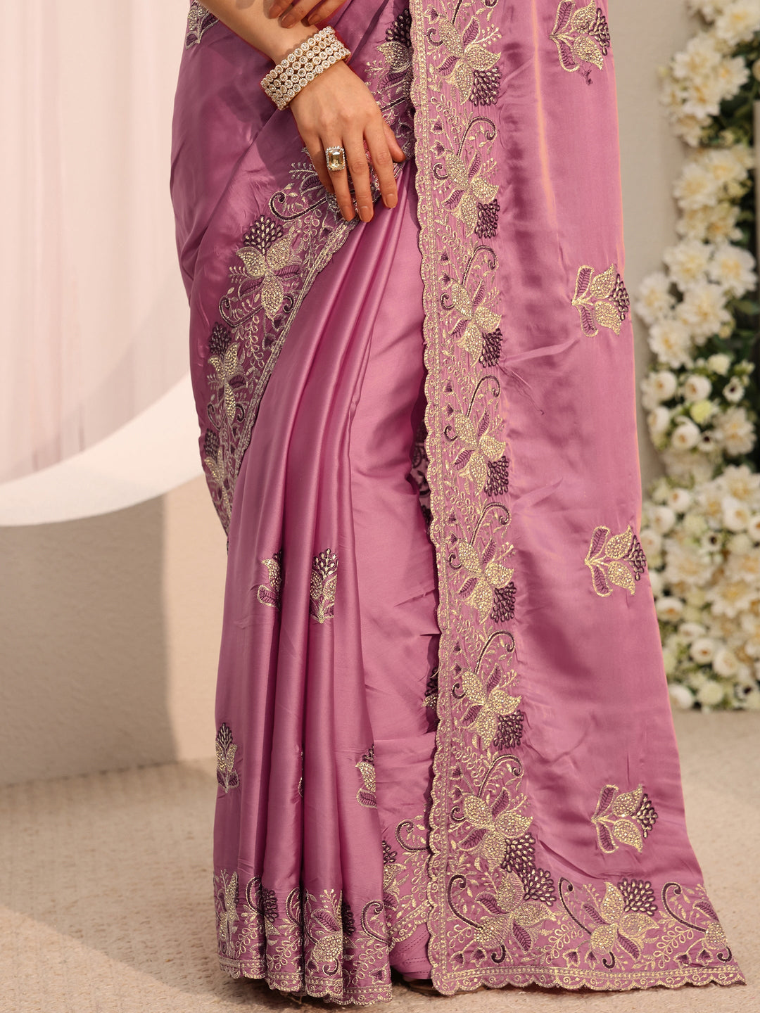  Mauve Floral Embroidered Satin Saree With Unstitched Blouse Piece 