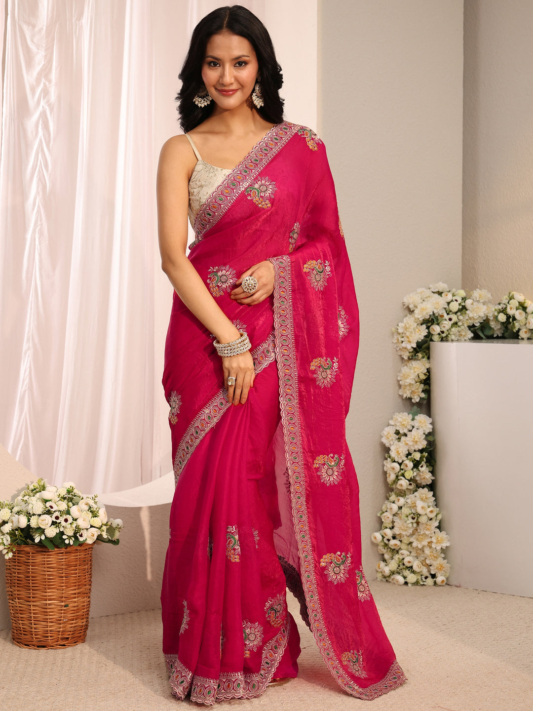  Pink Floral Embroidered Tissue Saree With Unstitched Blouse Piece 