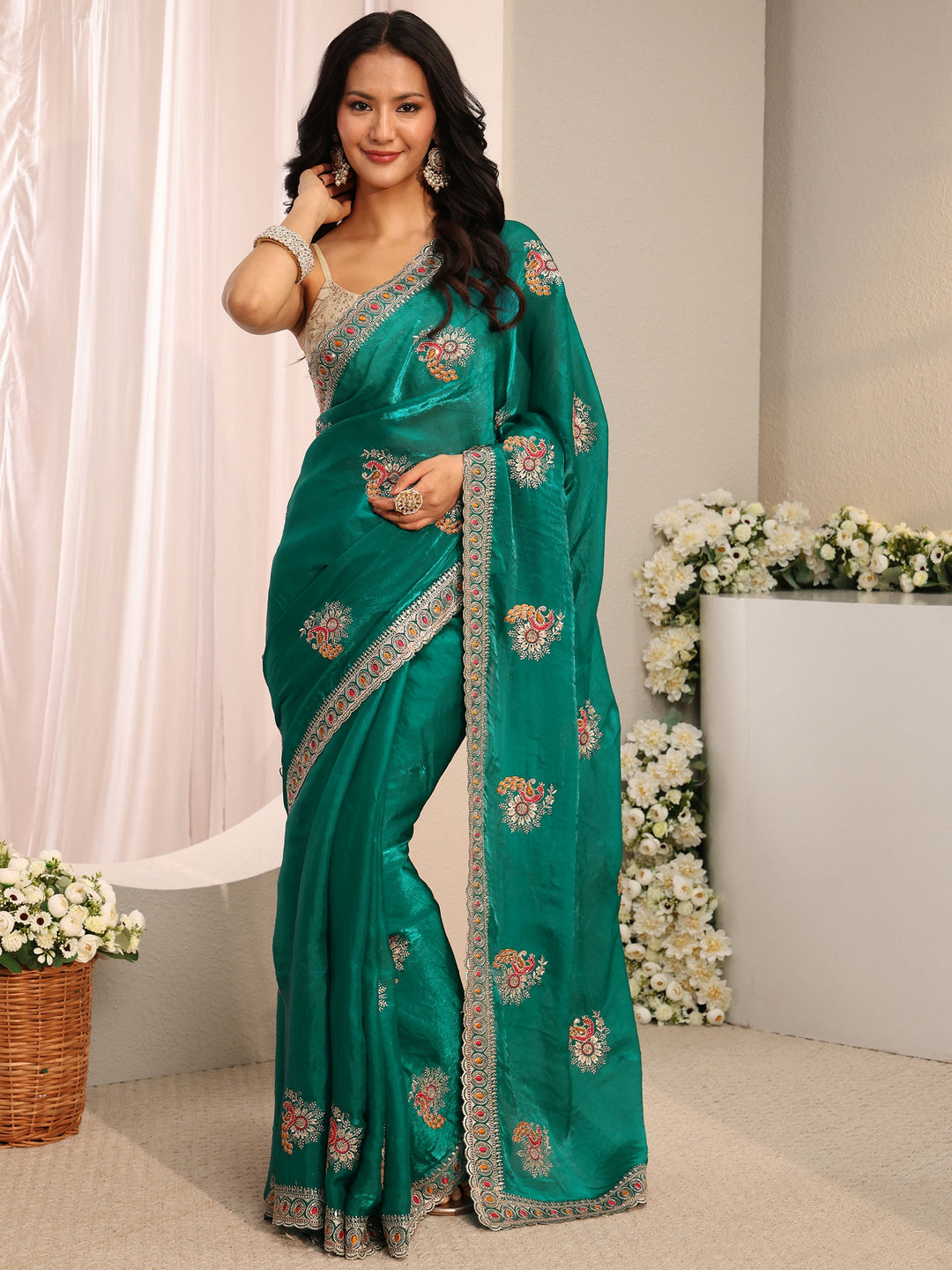 Green Floral Embroidered Tissue Saree With Unstitched Blouse Piece 