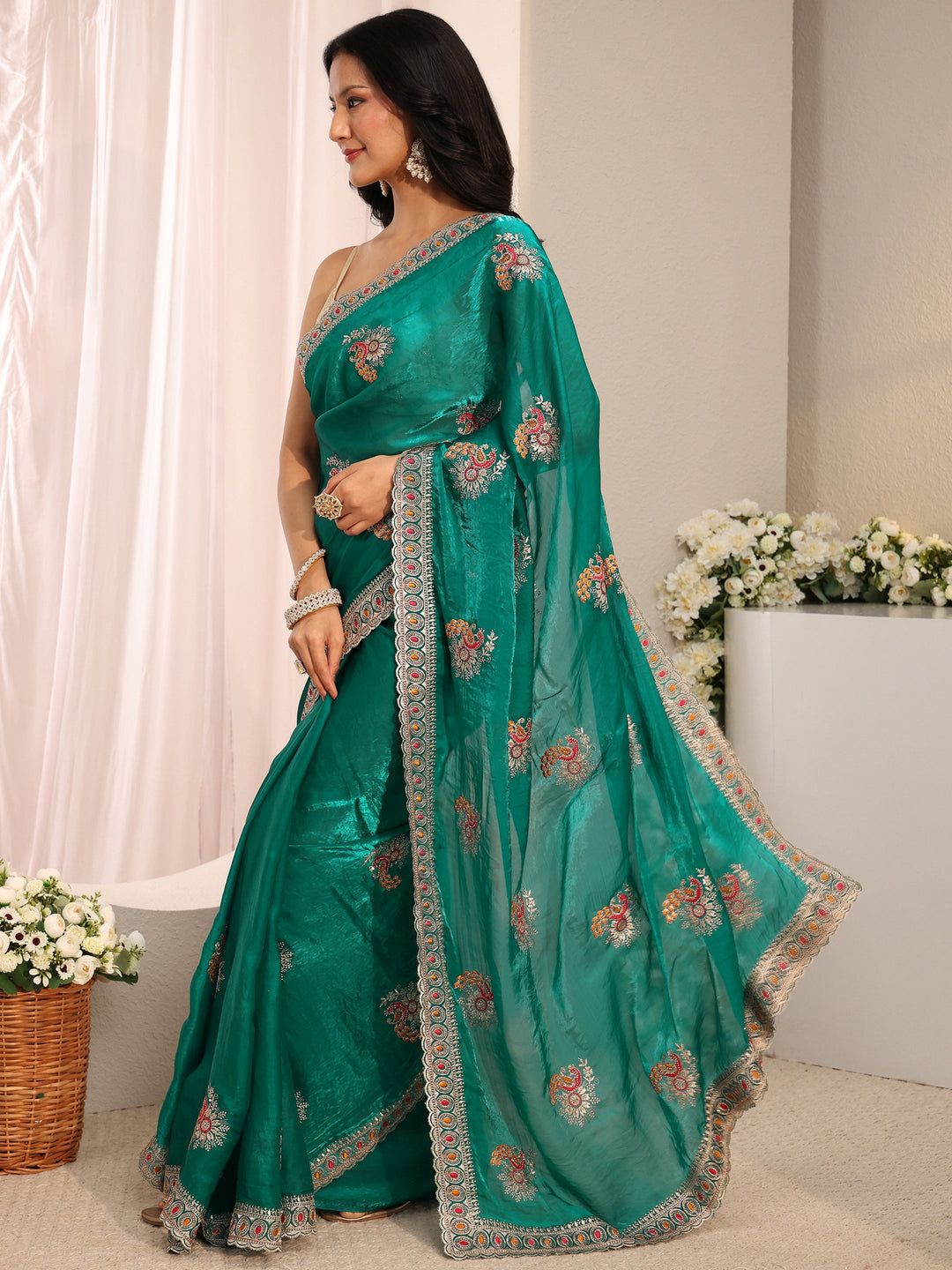  Green Floral Embroidered Tissue Saree With Unstitched Blouse Piece 