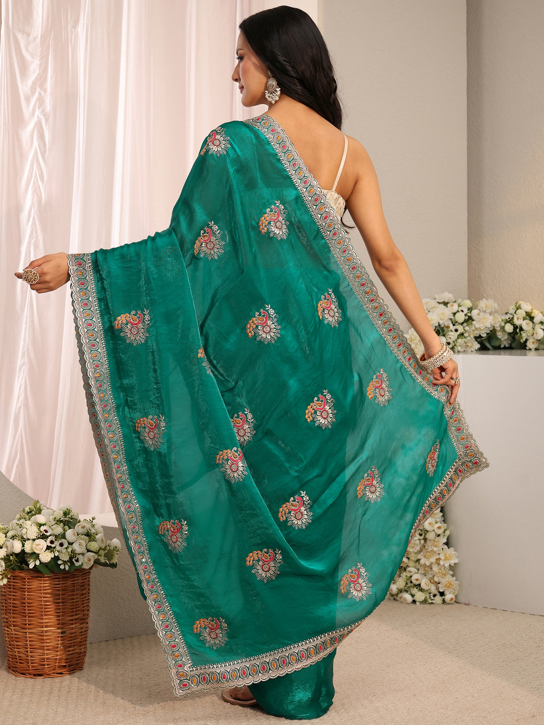  Green Floral Embroidered Tissue Saree With Unstitched Blouse Piece 