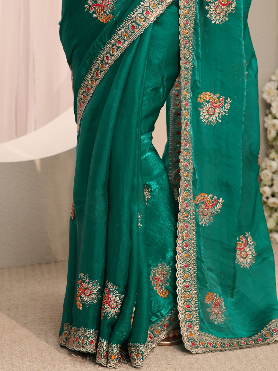  Green Floral Embroidered Tissue Saree With Unstitched Blouse Piece 