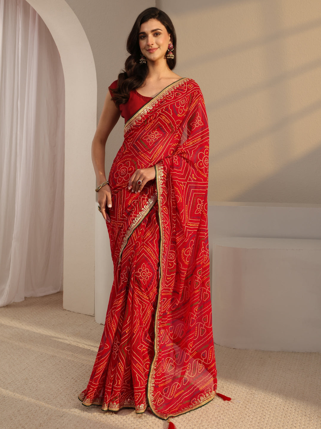  Red Bandhani Printed Georgette Saree With Unstitched Blouse Piece 