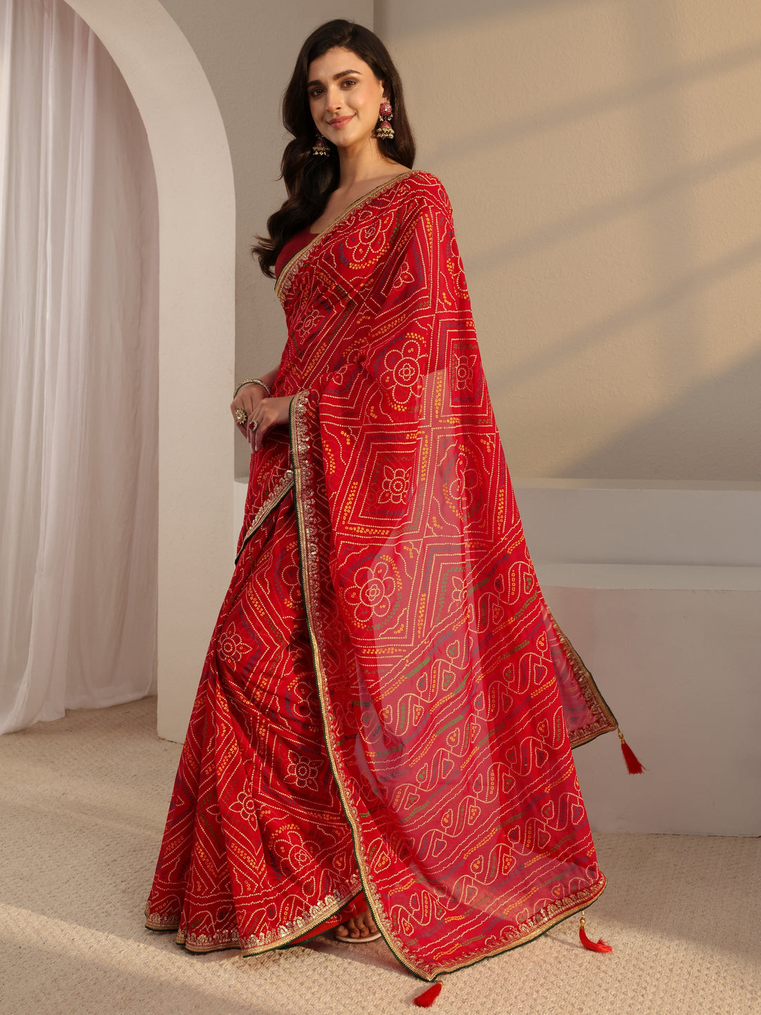  Red Bandhani Printed Georgette Saree With Unstitched Blouse Piece 