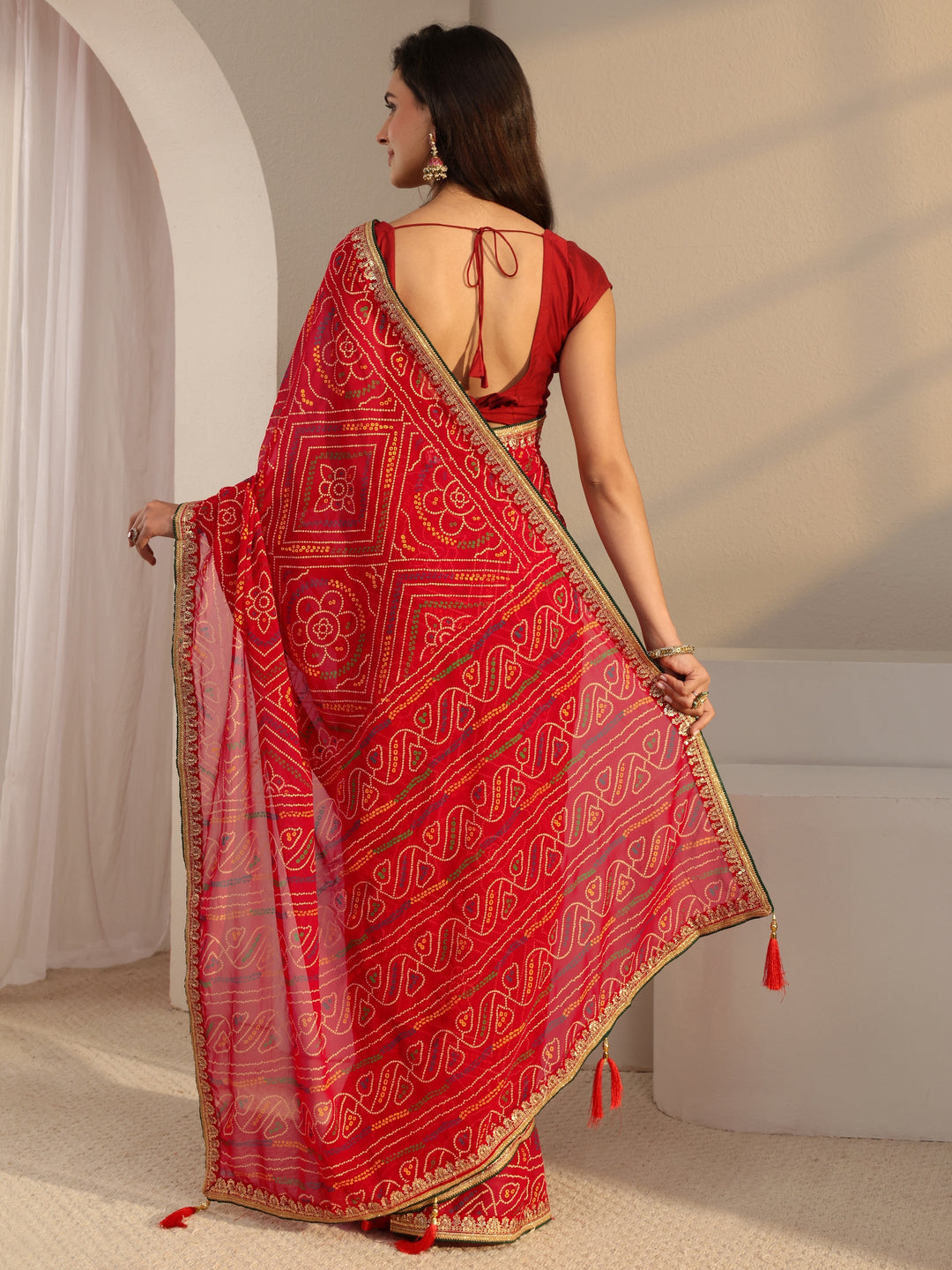  Red Bandhani Printed Georgette Saree With Unstitched Blouse Piece 